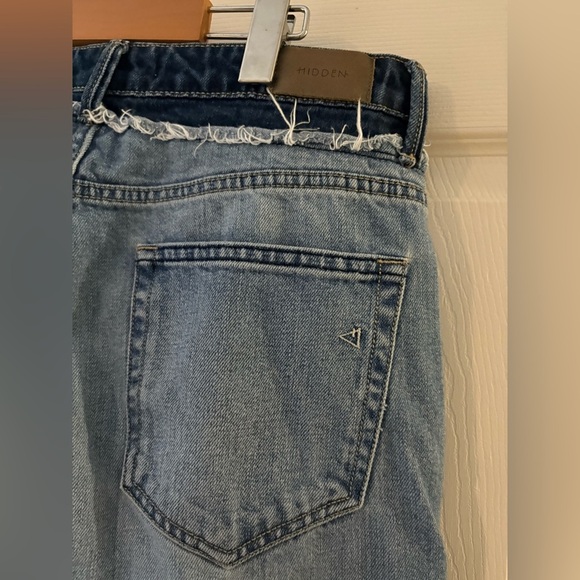 Hidden cropped button fly denim distressed waist raw hem size 29 - Picture 3 of 9